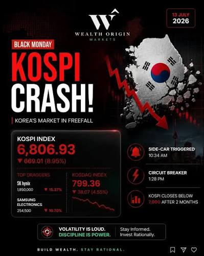 KOSPI Crashes Over 9% as Global Chip Selloff Deepens; Sensex, Nifty Hold Steady Amid AI Spending Fears